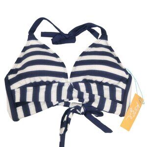 Kona Sol Faux-Wrap Halter Bikini Top Womens XS (0-2) Navy White Stripe Ribbed